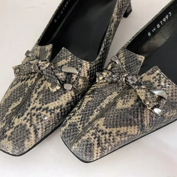 Stuart Weitzman Snakeskin Leather Pumps 7 M Black Tan Square Toe Kitten Heel - Picture 3 of 12
